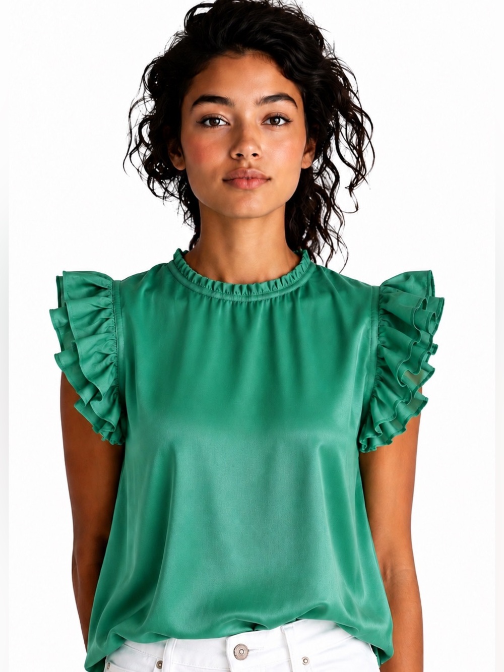 MittoShop Emerald Green Satin Ruffle Sleeve Blouse Large NWT